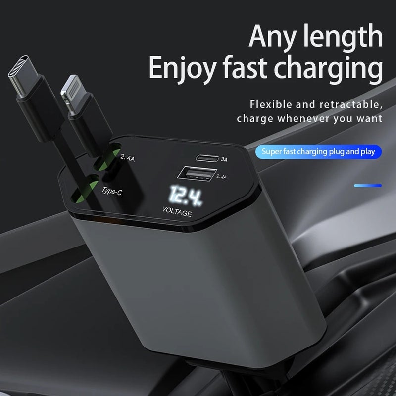 Bluejw Retractable Car Charger 4 in 1, 120W Fast Charging Automobile Charger with 80cm Cable & 2 USB Ports Adapter - Image 5